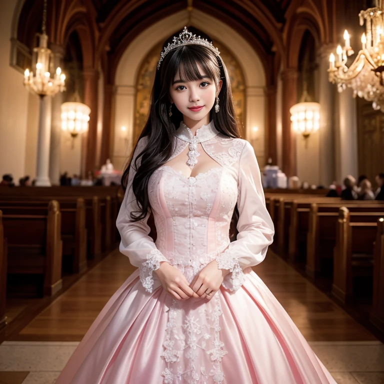 best quality, Delicate face，beautiful visual work, lifelike, eternity, black hair, Long curly hair, blunt bangs, Smile, Detailed Background, Delicate face，pink blush，cold，((masterpiece))、(top quality)、8k、high detail、Super detailed，31 years old female，Seductive and whimsical style、masterpiece、born、Scenes resembling fairy tale illustrations、Intricate details and complex designs、Beautifully、magic、capricious、 Beautifully、Dream aesthetics、「𝓡𝓸𝓶𝓪𝓷𝓽𝓲𝓬、ethereal、charming、fickle、magic」、Realism、Visual effects、FXAA、SSAO、Shaders、voiceless、ambient lighting、Tone mapping、High resolution、Ultra high quality、Million pixels、(8K resolution:1.10)、8k、Below 8K、8K resolution、high detail、intricate details， (high quality:1.2、masterpiece:1.2、:1.21)、(31 years old female:1.21)、(Smile excitedly)、(Surrounded by the dreamy atmosphere、Model diagram，full-body shot，Normal 2 feet，Don't show your fingers，wearing pink princess wedding dress, Don’t show your feet, big skirts, princess dress, wedding princess dress, ball gown wedding dress, bride, bridal veil,in the church，Holding flowers in both hands， long skirt, long sleeves,a bride, skirt covers feet, H CUP.