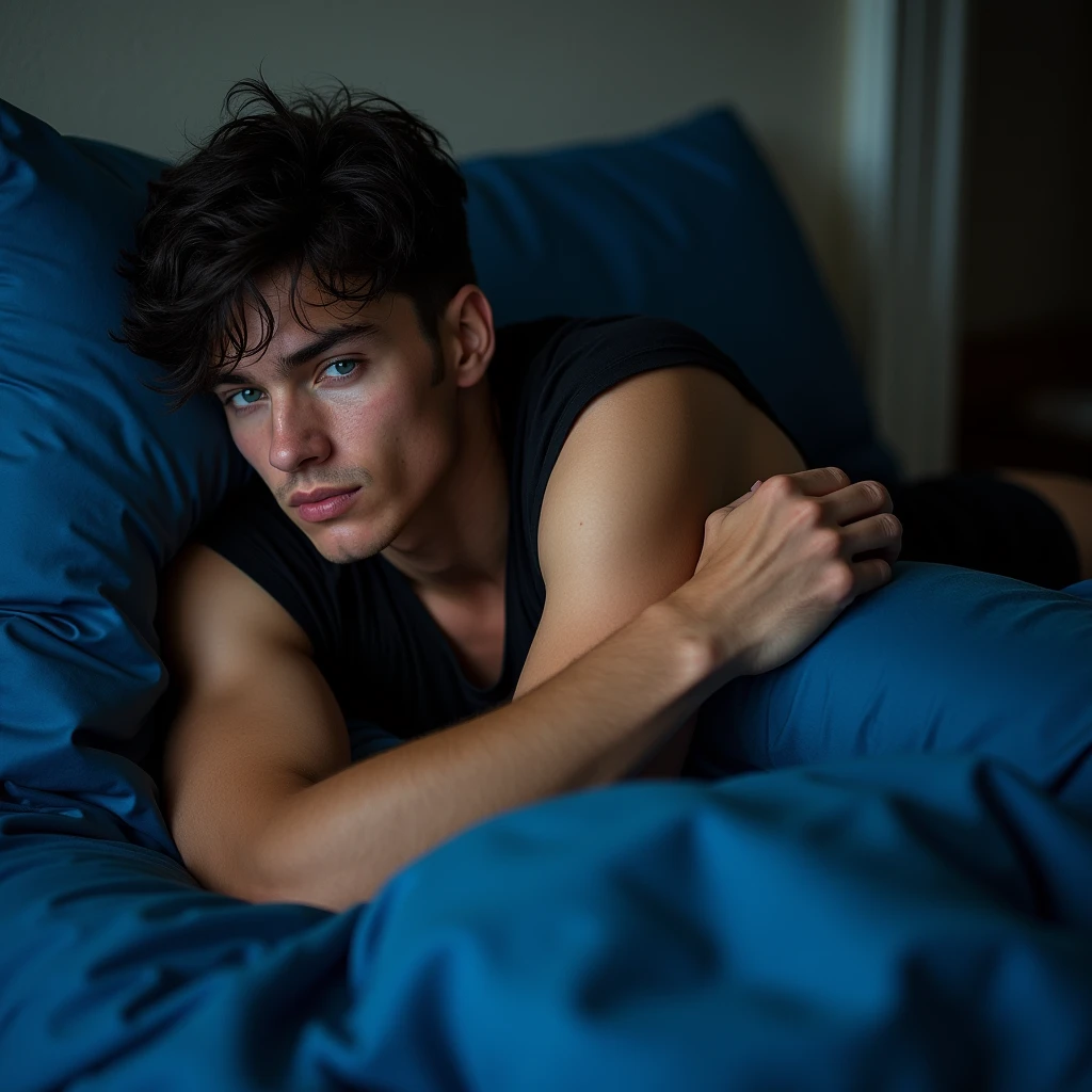 A white man, at 33 years old, with short dark hair, with blue eyes, black pajamas, from the waist down, lying on a bed with blue sheets face down, discreetly seeing his own butt. He's touching your leg