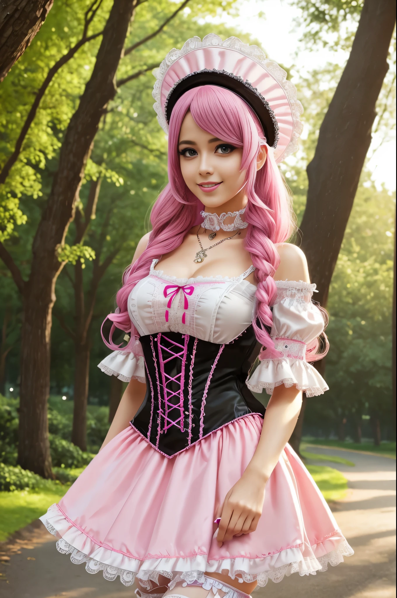 sexy stylish Swedish model, only 1 female, long neon pink stylish hair, very detailed Victorian-Style boots, (big smile), very detailed eyes, lipgloss, long lashes, defined eyebrows, ((sexy Paradise Kiss cosplay)), bell-shaped skirt, petticoats, high neckline, puffed sleeves, (( very detailed lace)), ((very detailed embroidery)), intricate details, Paradise Kiss accessoires and matching headpiece, choker, ((large sparkling Paradise Kiss jewelry)), cinematic light, detailed large park background with trees 
