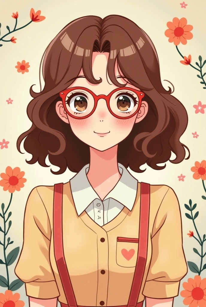 beautiful girl、anime、vintage、cute、Healing、Upper Body、、Wavy Hair、American、Retro、Glasses、Retroポップ、