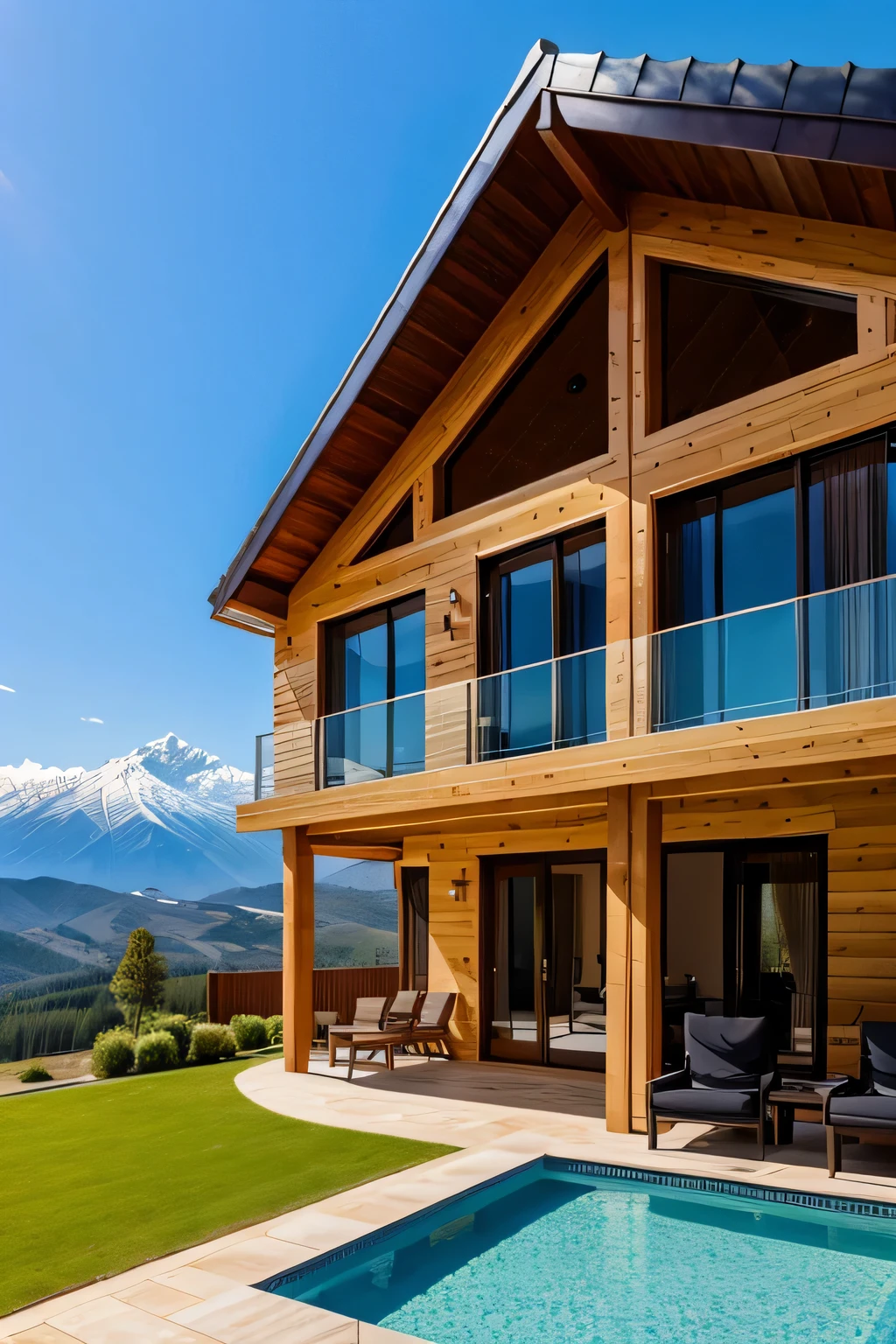a luxury house with bwm outside , near the mountain on sunny day