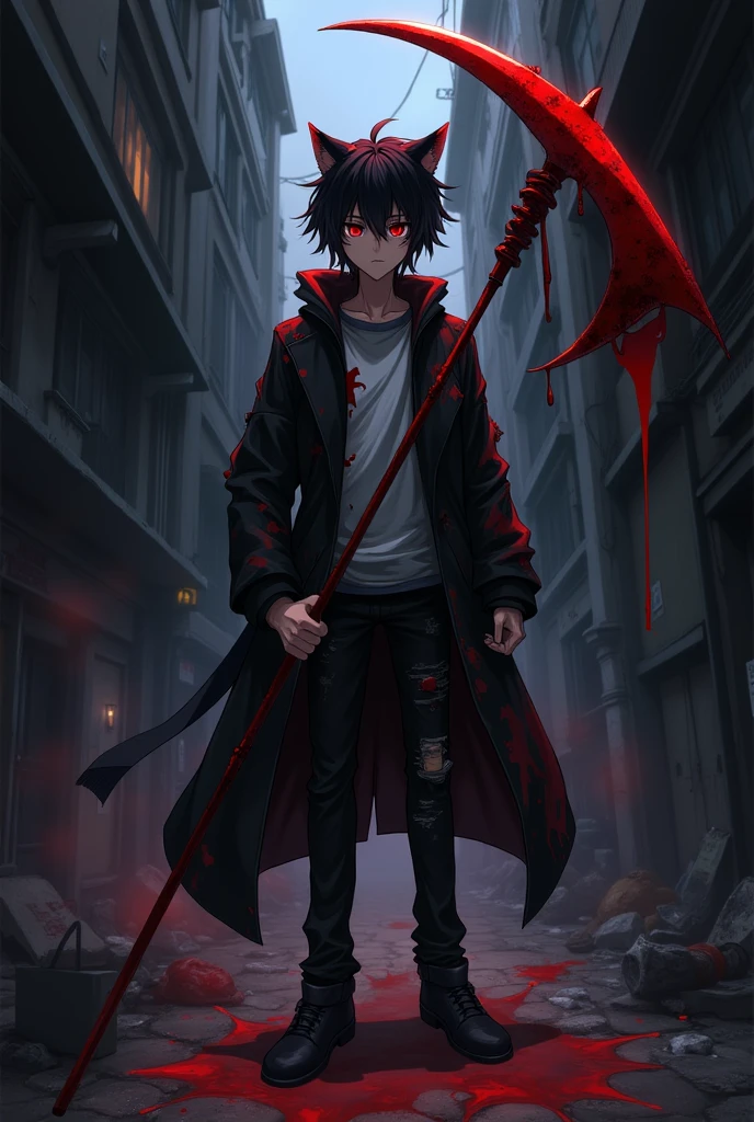 Adult boy carrying a blood stained scythe. Red eyes, black hair, cat ears. Wearing a black jacket splattered with blood. anime style
