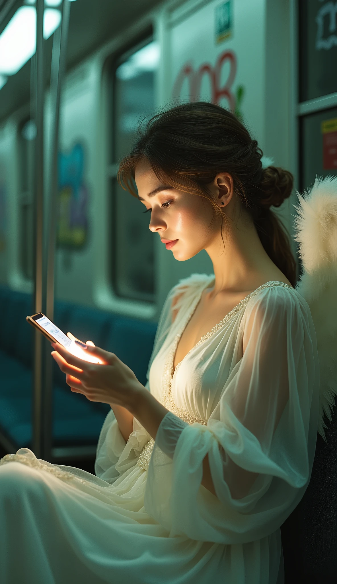 A beautiful female angel looking at her smartphone on the subway seat., front