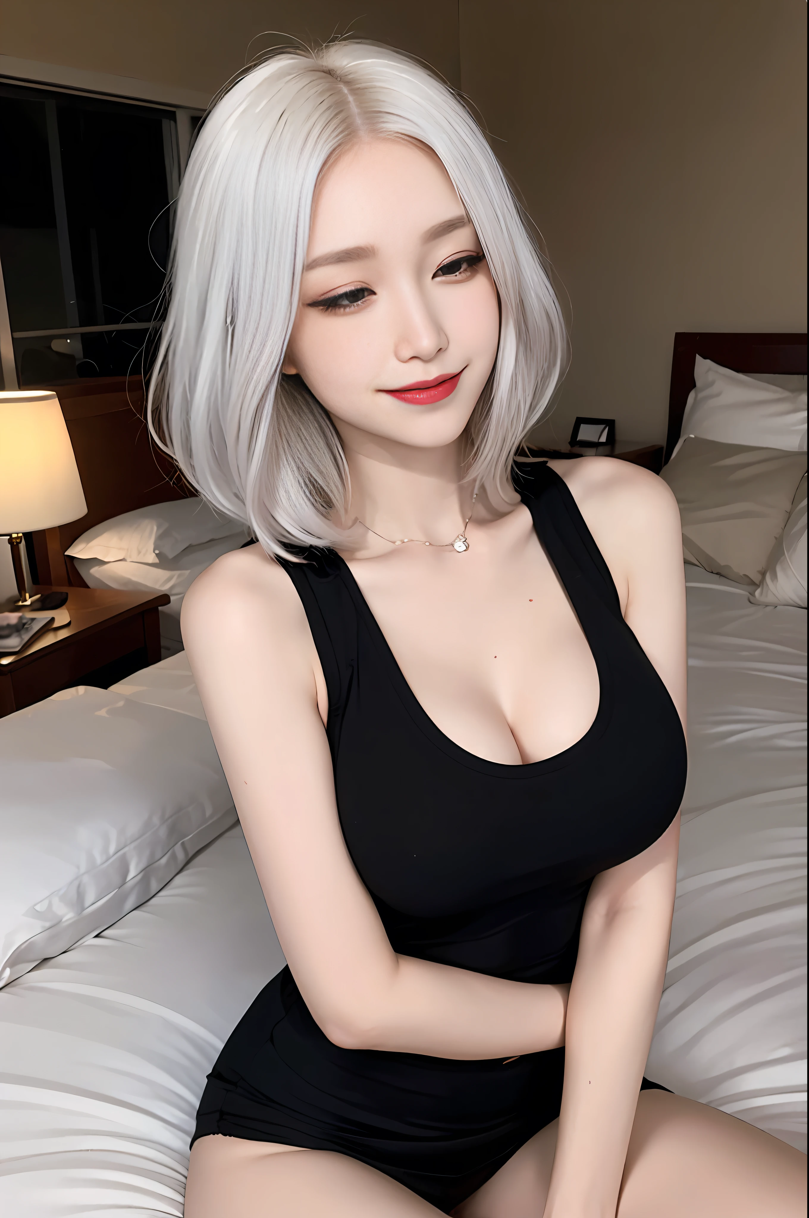 Beautiful  Japanese, White hair, Big and round breasts, Black vest, Short skirt, (beautiful eyes，The finest detail, Half closed eyes: 1.4, eyelash, Beautiful double eyelids), Beautiful thin legs, Attractive appearance, Sharp appearance, Evil smile, Cowboy shooting, Large bed in suite,