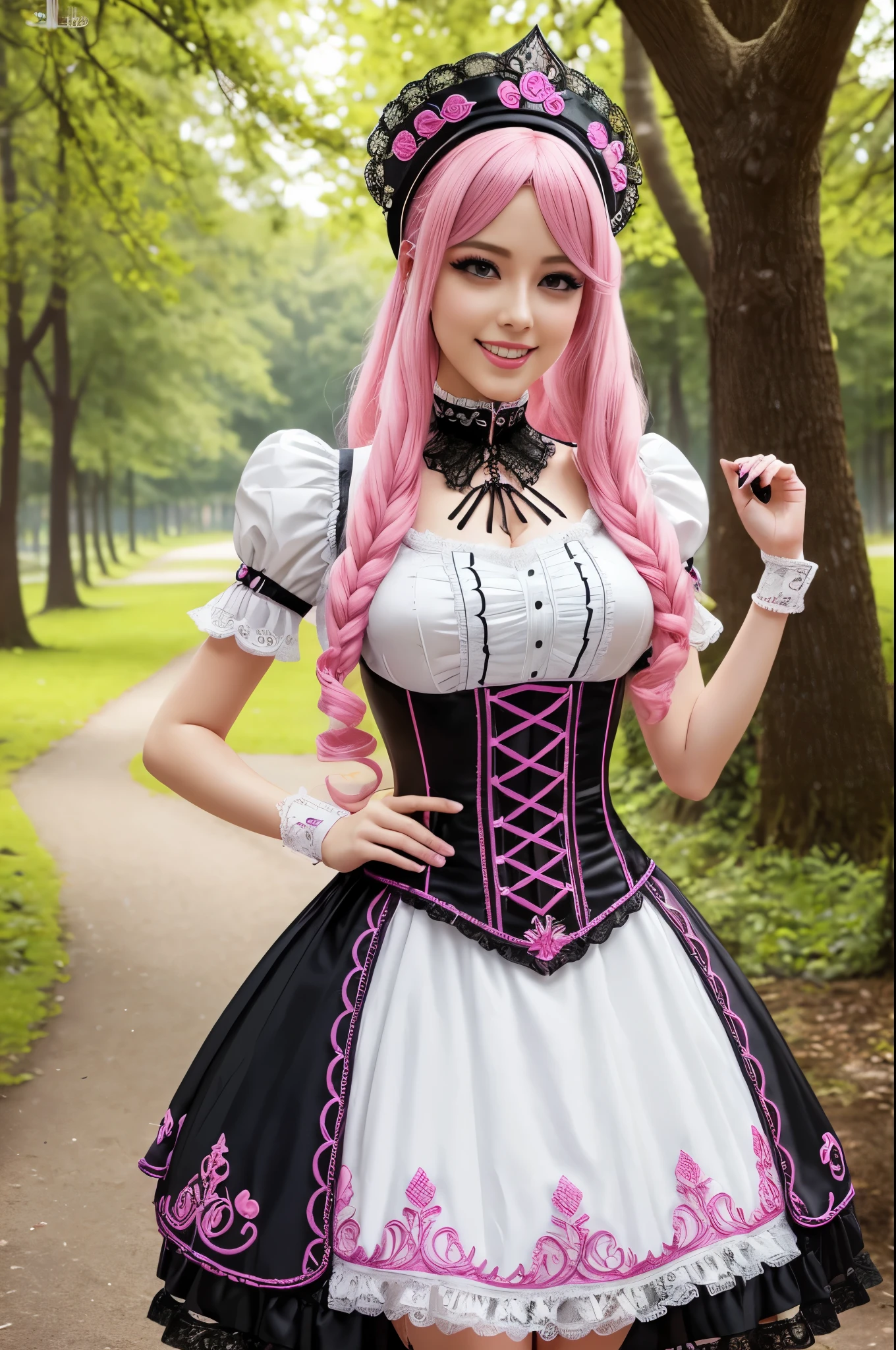 sexy stylish Swedish model, only 1 female, long neon pink stylish hair, very detailed Victorian-Style boots, (big smile), very detailed eyes, lipgloss, long lashes, defined eyebrows, ((sexy Paradise Kiss cosplay)), bell-shaped skirt, petticoats, high neckline, puffed sleeves, (( very detailed lace)), ((very detailed embroidery)), intricate details, Paradise Kiss accessoires and matching headpiece, choker, ((large sparkling Paradise Kiss jewelry)), cinematic light, detailed large park background with trees 