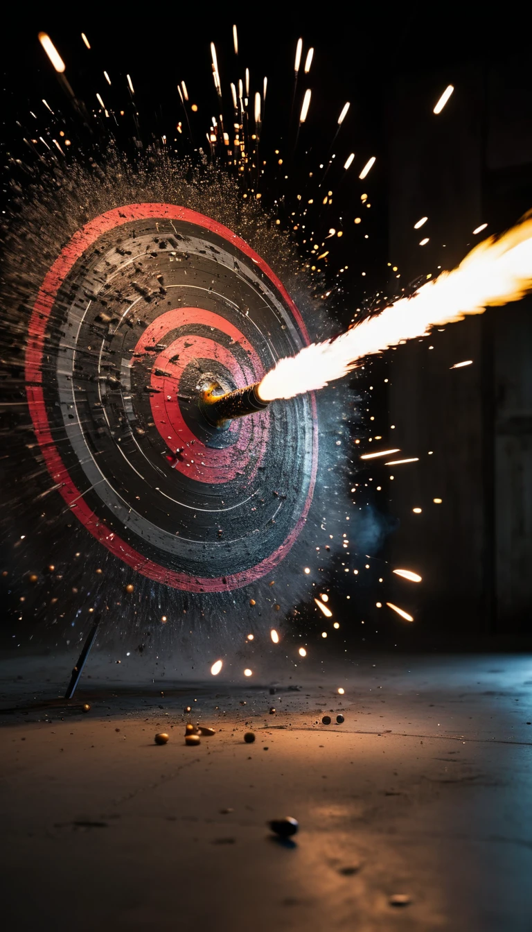 long exposure photo of a {bullet hit target and exploded} in motion, side angle shot, blurred edges, slow shutter speed motion photography, shot on Fuji Film XT4 camera f/8. ISO 400