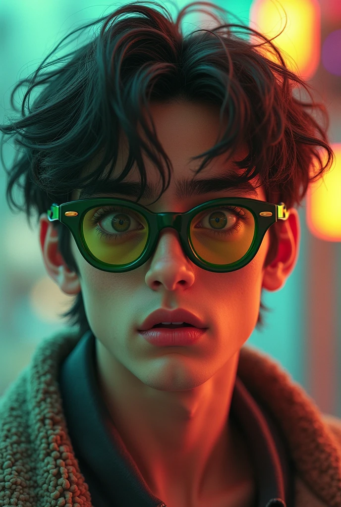A  male with dark brown eyes, with broken hair, thick lips, high, thin and with confuse expression, put on  green oakley glasses,3d render