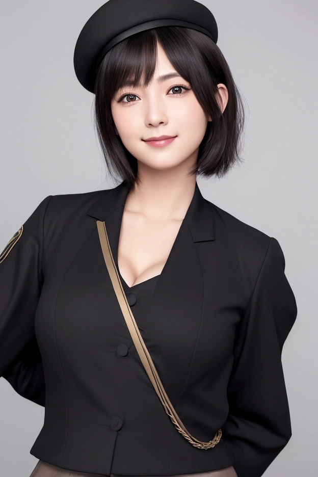 high quality, 最high quality, photo-Realistic, RAW Photos, Realistic, ultra Realistic 8k cg, Very detailed, High resolution, masterpiece, One person, short hair, Black Hair, black eye, Face and eye details, Intricate details, Detailed Texture, In detail,uniform、staff、whole body、Formal hat、Japanese Army、Second World War、Staff Seal、Epaulettes、Selection subjects、Cavalry Corps、Cleavage、lewd smile