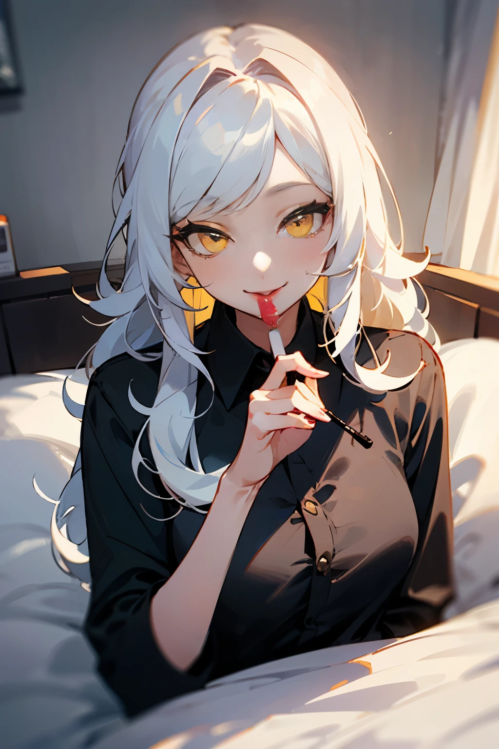 A beautiful woman. Vibrant yellow eyes. Long fluffy hair with bangs. White eyelashes. Smiling playfully. Black shirt. Long hair. One person. White hair. holding lollipop, strawberry lollipop, hospital  bed, lazy, mature