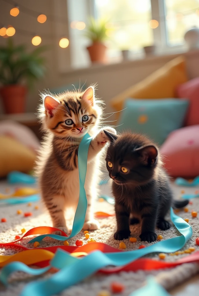 Two kittens playing with ribbons。Wrap the ribbon around your body。