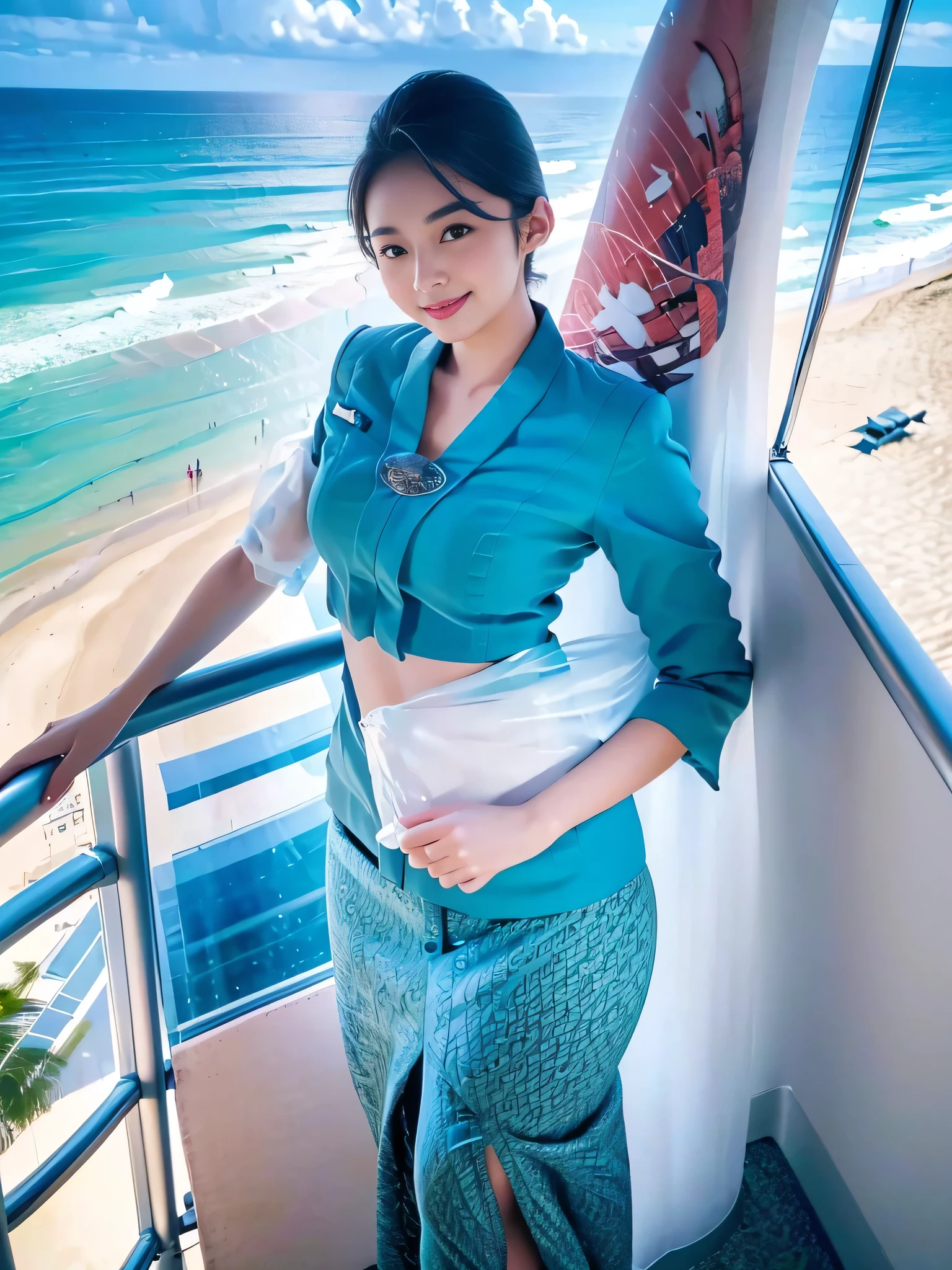 1girl, solo, standing, at the beach,  beautifully ocean scenery, cute little smirk, detailed eyes, thick medium breasts, smooth realistic skin, wearing flight attendant uniform, looking at the audience, (Overhead shot:1.3), (zoom out:1.4), (8k, RAW photo, best quality, masterpiece: 1.2), (realistic, realistic: 1.37), ultra-high resolution
