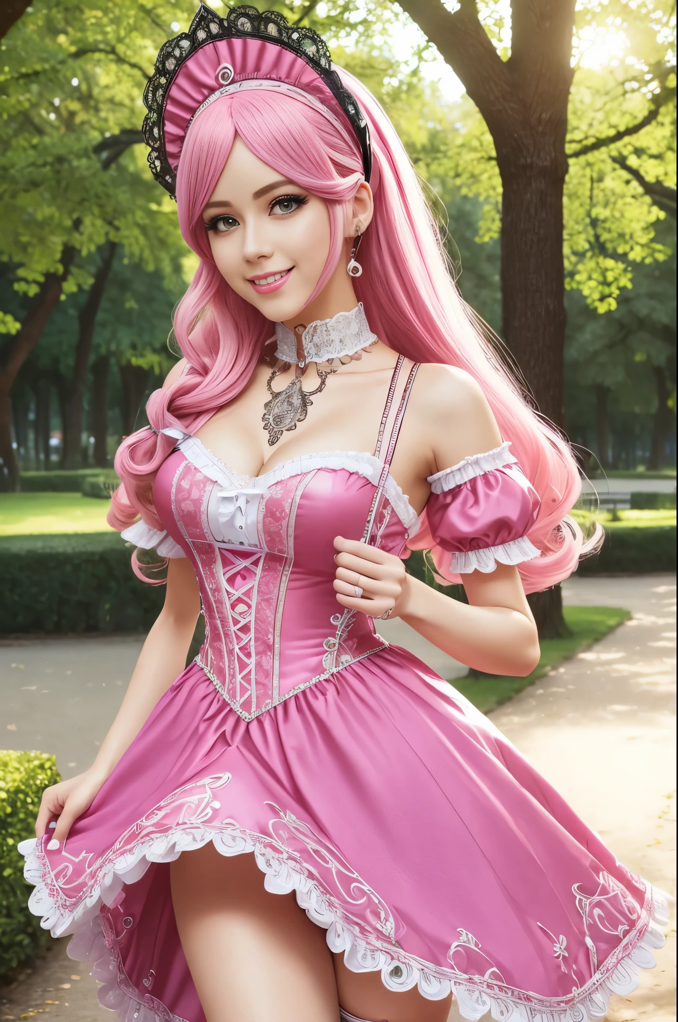sexy stylish Swedish model, only 1 female, long neon pink stylish hair, very detailed Victorian-Style boots, (big smile), very detailed eyes, lipgloss, long lashes, defined eyebrows, ((sexy Paradise Kiss cosplay)), bell-shaped skirt, petticoats, high neckline, puffed sleeves, (( very detailed lace)), ((very detailed embroidery)), intricate details, Paradise Kiss accessoires and matching headpiece, choker, ((large sparkling Paradise Kiss jewelry)), cinematic light, detailed large park background with trees