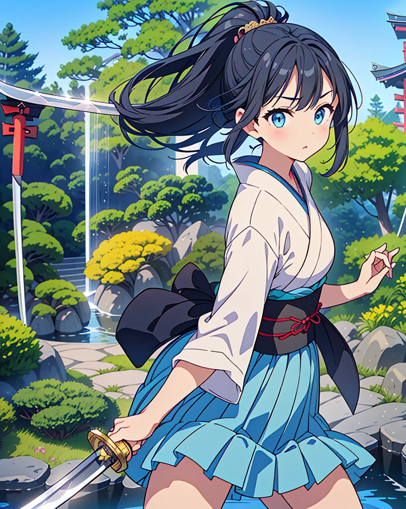 Highest quality, 32K, High resolution, masterpiece:1.5, One beautiful Japan girl,Illustration with anime touch, Rich emotional expression, An exceptionally beautiful face, Perfect Human Anatomy, Big light blue eyes, Motherhood and generosity, Deep Love, Wake up, Expressing emotions, Have a rich imagination, Cute Japan, Perfect Human Anatomy, Magical big eyes, decision, Powerful expression, Shiny black hair, Ponytail swaying in the wind, Asymmetrical bangs, Hair between the eyes, Transparent, soft white skin, Sharp eyebrows, Thin lashes, Detailed and cute lips, ((Detailed beautiful Japanese garden:1.2)), ((A swordsman wielding a Japanese sword:1.4)), ((Blue sky:1.1)), Slim figure, Beautifully detailed skies, mysterious
