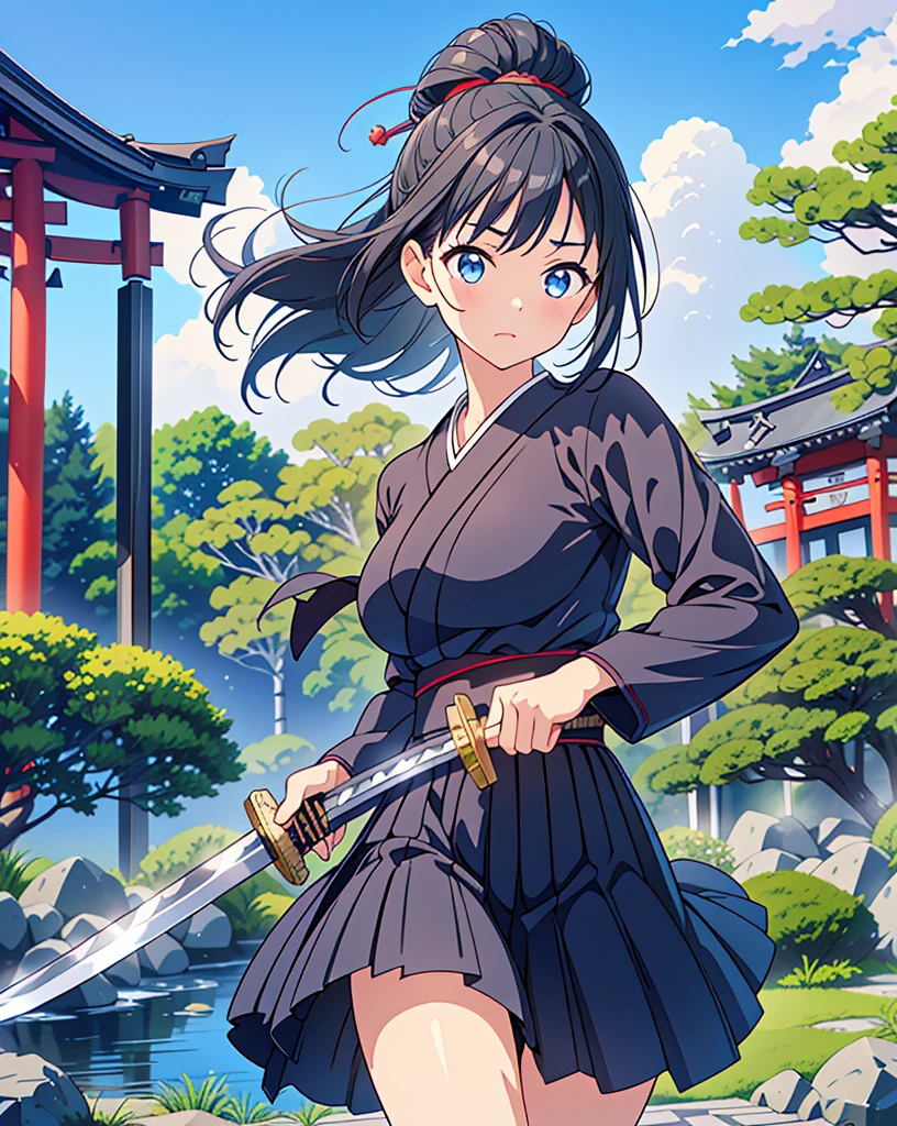 Highest quality, 32K, High resolution, masterpiece:1.5, One beautiful Japan girl,Illustration with anime touch, Rich emotional expression, An exceptionally beautiful face, Perfect Human ???????, Big light blue eyes, Motherhood and generosity, Deep Love, Wake up, Expressing emotions, Have a rich imagination, Cute Japan, Perfect Human ???????, Magical big eyes, decision, Powerful expression, Shiny black hair, Ponytail swaying in the wind, Asymmetrical bangs, Hair between the eyes, Transparent, soft white skin, Sharp eyebrows, Thin lashes, Detailed and cute lips, ((Detailed beautiful Japanese garden:1.2)), ((A swordsman wielding a Japanese sword:1.4)), ((Blue sky:1.1)), Slim figure, Beautifully detailed skies, mysterious