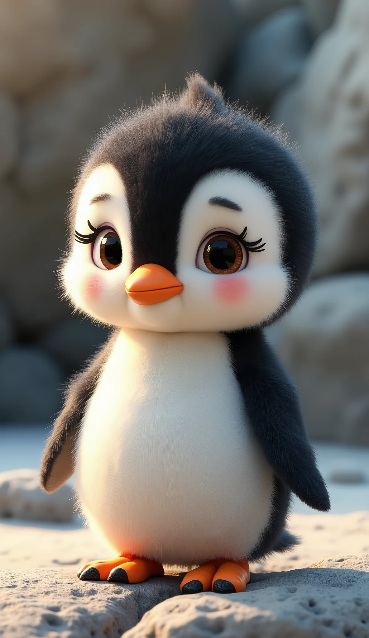 The image shows an adorable animated penguin standing on a rocky surface. The penguin has a fluffy, soft texture, with a white belly, black back, and head, and a small orange beak. The eyes are large and expressive, with long eyelashes that give the penguin a cute, endearing look. Its small pers are slightly outstretched, and it has orange feet with black tips. The background appears to be a natural outdoor setting, possibly in a zoo or a polar environment, with blurred rocks and soft lighting. The overall feel of the image is warm and charming, making the penguin appear friendly and lively.