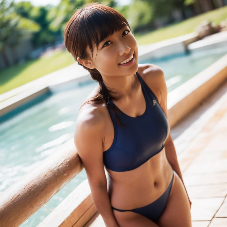 (top-quality、masutepiece、8k、Top image quality、Highly complex and detailed depictions)、Wet U883 School Swimwear U883 School Swimwear, ((top-quality、8K resolution、Master masterpiece、Portrait:1.photoreal stick, 35㎜ film,Depth of field is from the knees up_FULL BODYSHOT),japanes、A MILF,Beautie, (A MILF:1.0),Wrinkles at the corners of the eyes,(Colossal tits:1.2)、Seductive smile、naughty expression,looking at the spectator、(OL:1.2),(Navy Blue One Piece School Swimsuit),(standing nipple:1.0)Outdoor photography_school swimming pool、Daytime pubic hair, camera angle, brown hair