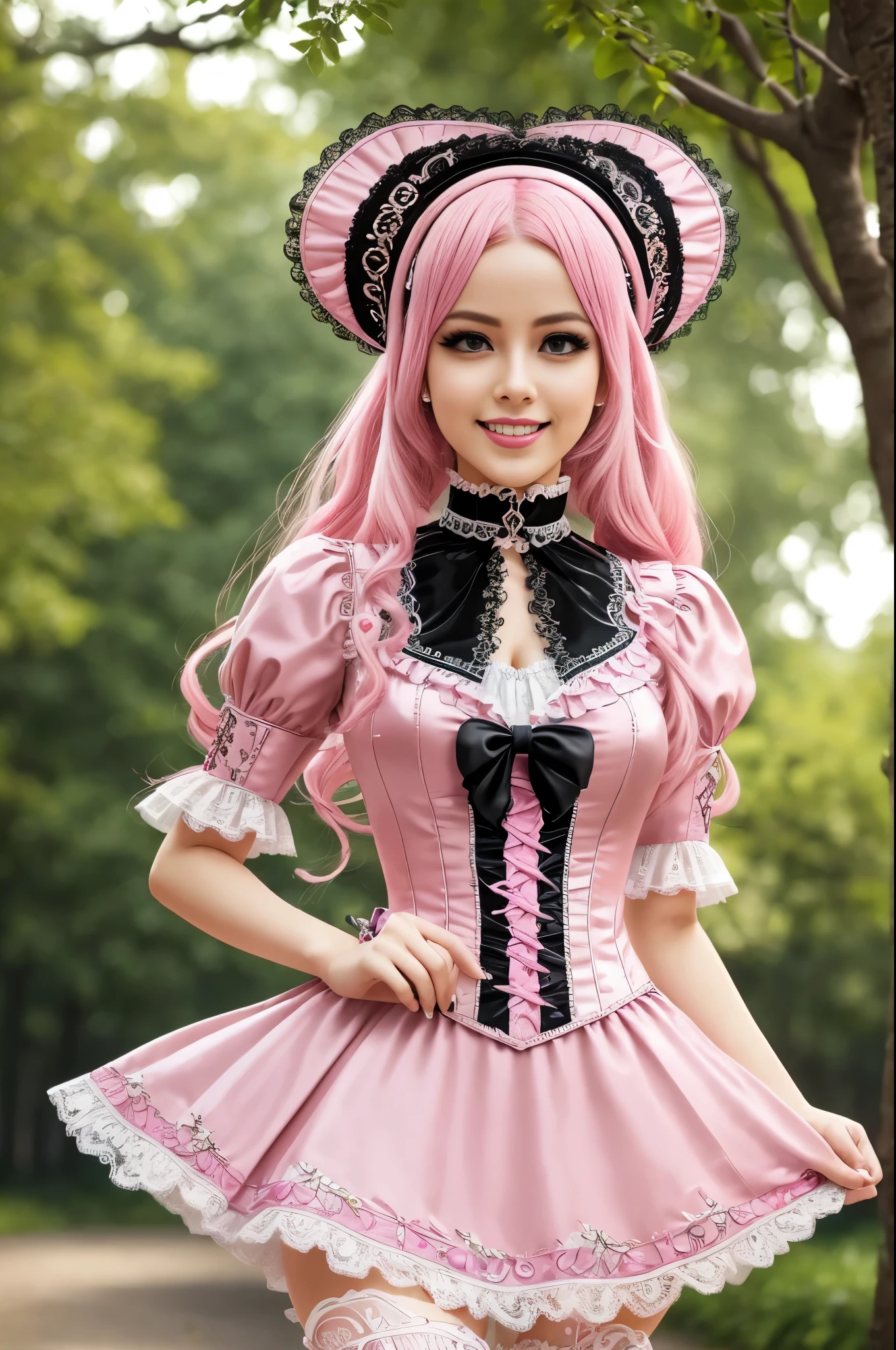 sexy stylish Swedish model, only 1 female, long neon pink stylish hair, very detailed Victorian-Style boots, (big smile), very detailed eyes, lipgloss, long lashes, defined eyebrows, ((sexy Paradise Kiss cosplay)), bell-shaped skirt, petticoats, high neckline, puffed sleeves, (( very detailed lace)), ((very detailed embroidery)), intricate details, Paradise Kiss accessoires and matching headpiece, choker, ((large sparkling Paradise Kiss jewelry)), cinematic light, detailed large park background with trees