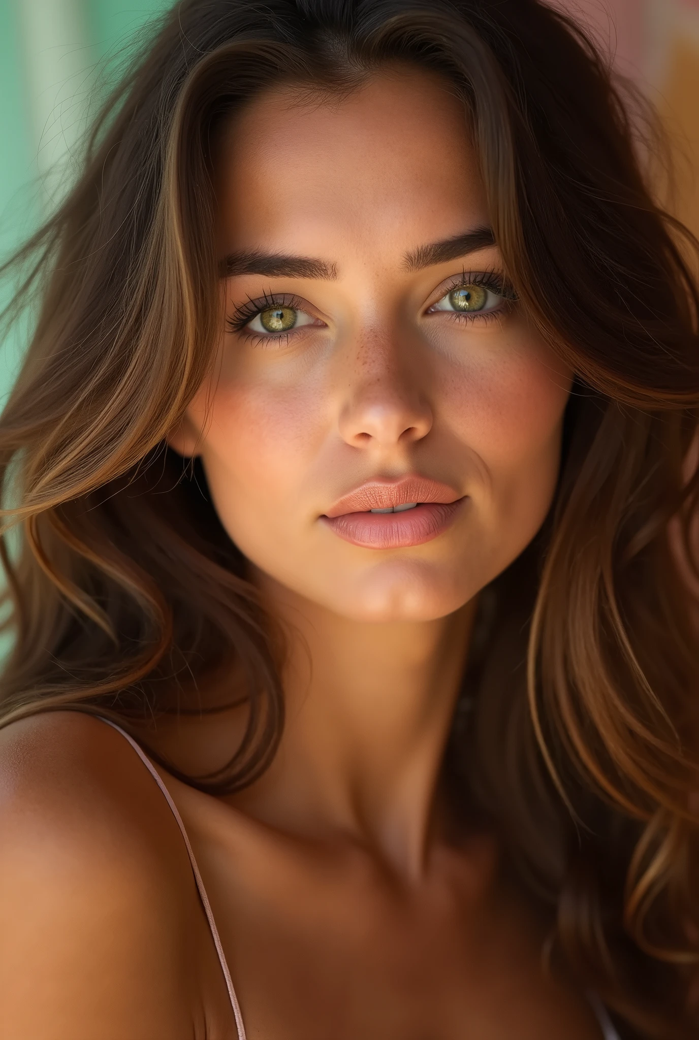 Close-up of a brown-haired woman with wavy hair and green eyes with a small nose, big lips and tan