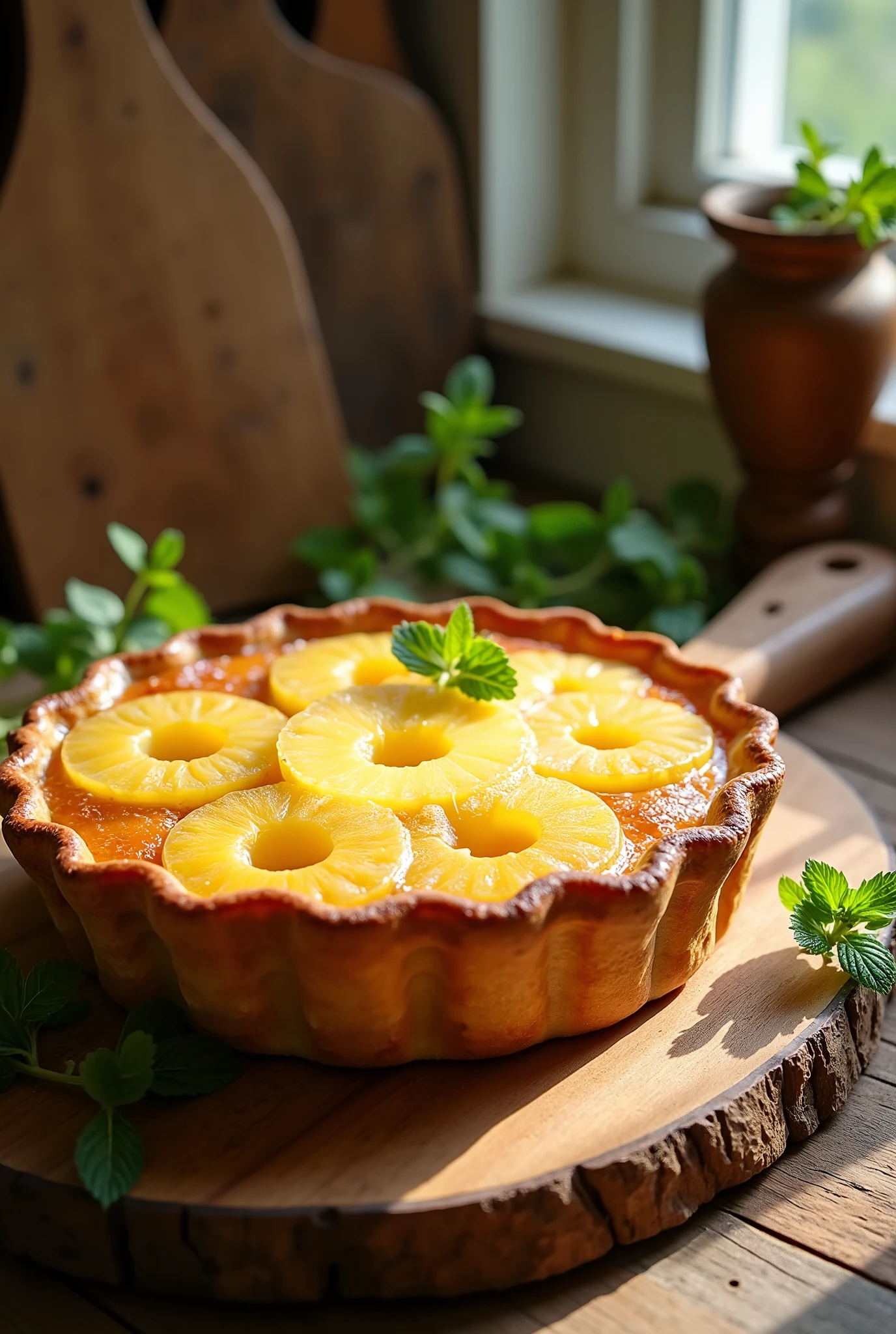 Create a beautiful image of a delicious pineapple pie with a rustic backdrop and the pie on a jatoba wood board