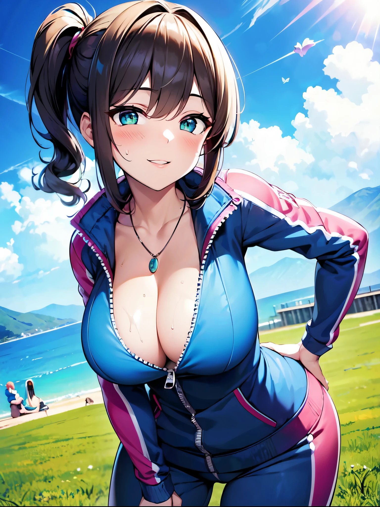 （（super high quality,Ultra-high resolution,16K,super masterpiece,Ultra HD,Ultra high definition:1.3,））One Girl,（Blonde:1.5,Short wavy hair:1.3）,Short Side Ponytail,（Black-purple hair tie shaped like a butterfly:1.4,）Emerald eyes,Cleavage,sexly,（（The chest is open,Light pink sweatsuit:1.5,））（popped collar,Tight collar,Large collar,Zipper from neck to navel:1.3,Fine zipper,）（light blue butterfly necklace:1.2,）Smiling happily at the camera,Close one eye, V-sign with one hand,Place one hand on hip,leaning forward with her body angled forward,sweating all over,Angle looking up from below,a blue sky with clouds and sun,
