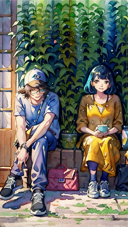 there are two people sitting on the curb next to a tree, profile pic, Moebius and Tsutomu Nihei, Ayami Kojima and Yoshitaka Amano, ayami kojima and greg rutkowski, zeen chin and terada katsuya, jamie hewlett and ayami kojima, on a sunny day, fiona staples and kinu nishimura, (Masterpiece), (best detail), (Best quality), (((aquarel))), Watercolor background, cheerfulness, Young and good-looking, (Vintage background)Shortcuts, Red Haired Girl、Boys wear glasses、happiness/joy,