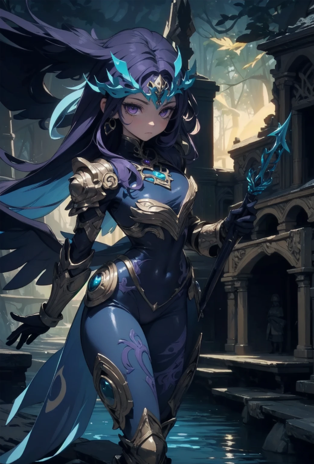 (((Masterpiece, best quality, 16k))) female character with medium-length purple hair and silver eyes. She wears a mystical armor in emerald, black, and gold. wields a magical wand with runes. The character has a mysterious expression, with an enchanted forest as the background. ((full body front view)). ((slender)), (extremely detailed:1.5), (medium-length purple hair:1.2), (silver eyes:1.2), (enchanted forest:1.1), (mystical armor:1.3), (magical wand:1.3).