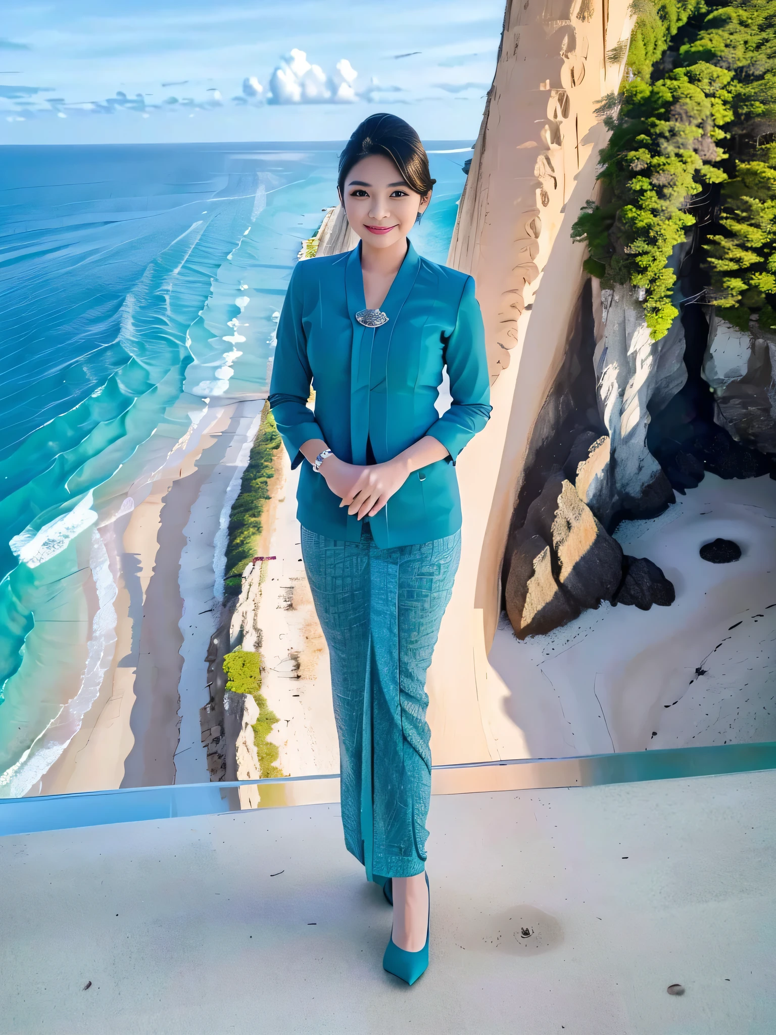 1girl, solo, standing, at the beach,  beautifully ocean scenery, cute little smirk, detailed eyes, thick medium breasts, smooth realistic skin, wearing flight attendant uniform, looking at the audience, (Overhead shot:1.3), (zoom out:1.4), (8k, RAW photo, best quality, masterpiece: 1.2), (realistic, realistic: 1.37), ultra-high resolution