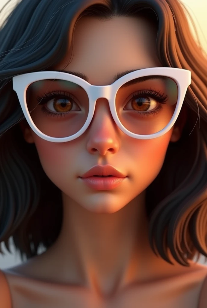A emma myers,brown eyes,perfect eyes,black hair,close up ,put in white oakley glasses, 3d render