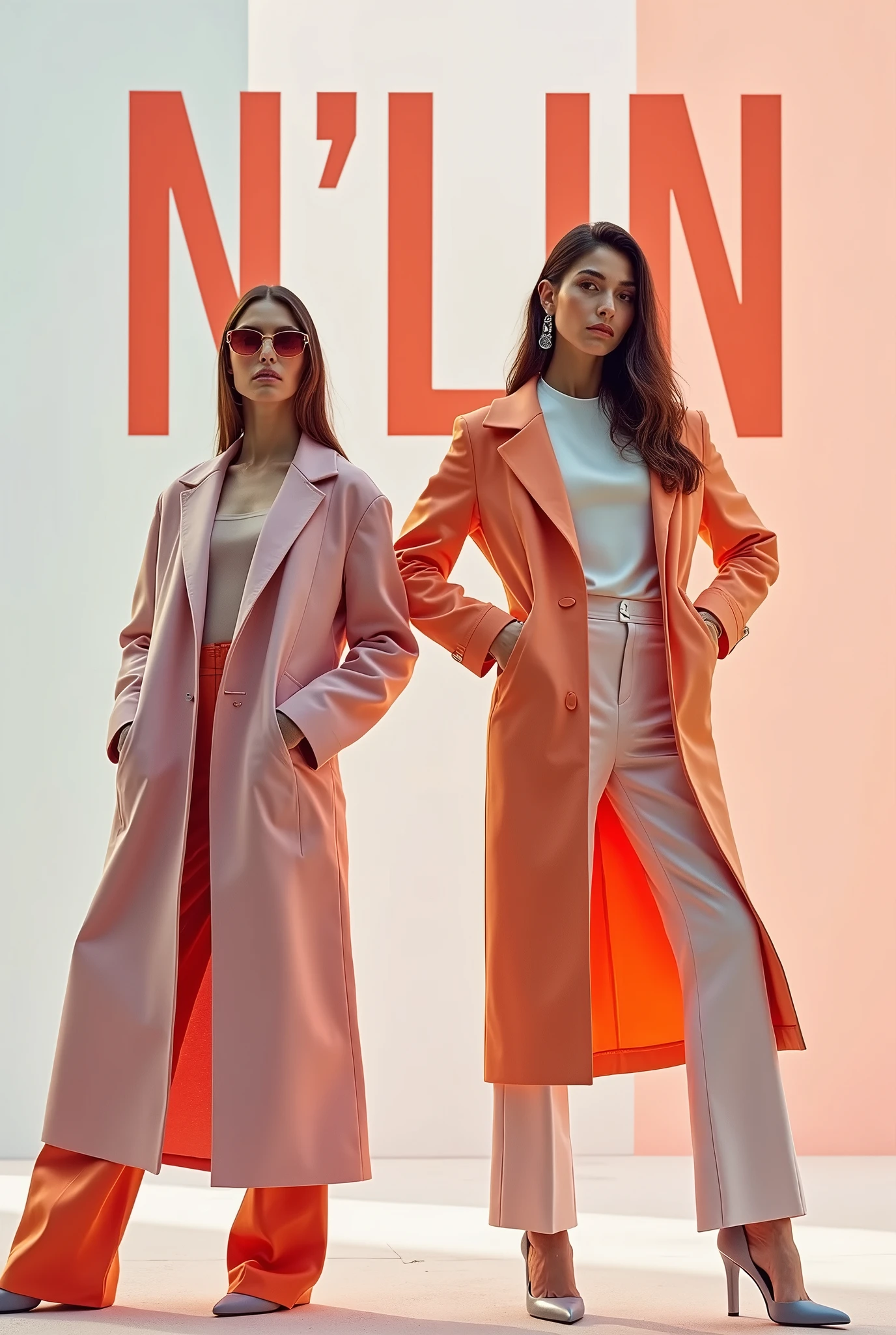 Create a fashion poster for the brand N'Lin, showcasing its chic and trendy style. The poster should appeal to young women aged 25-30, highlighting the brand's focus on fashionable and contemporary designs. Use a sleek and modern aesthetic with high-quality visuals that exude sophistication and style. Incorporate elements like bold typography, elegant models, and a clean layout that reflects the brand's identity as a leader in high-end fashion for young, stylish women. The overall design should convey a sense of exclusivity, confidence, and cutting-edge fashion.