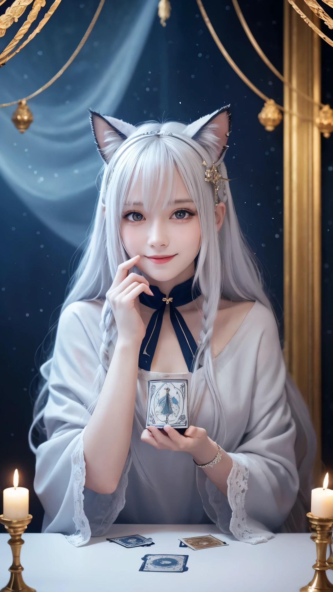 (masterpiece, highest quality, highest quality, official art, beautiful and aesthetic: 1.2), (one girl: 1.3), wavy long hair, white hair, Cat ears on the head,highly detailed portrait, highly detailed hands, looking at the viewer, alone, (whole body: 0.6), detailed background, close, shining eyes, (cold arctic winter theme: 1.1), fortune teller, Charlatan, grin, Mysterious, sitting at the table, カラフルな肩のないゆるいジプシーfortune tellerの服, holy grail, tarot cards, Crystal jade, Medieval (inner tent: 1.1) background, tent curtain on background, dark Mysterious lighting, Shadow, magical atmosphere, starry night, dutch angle, healing and guidance, transcendental beauty, fractal art, Seaweed,