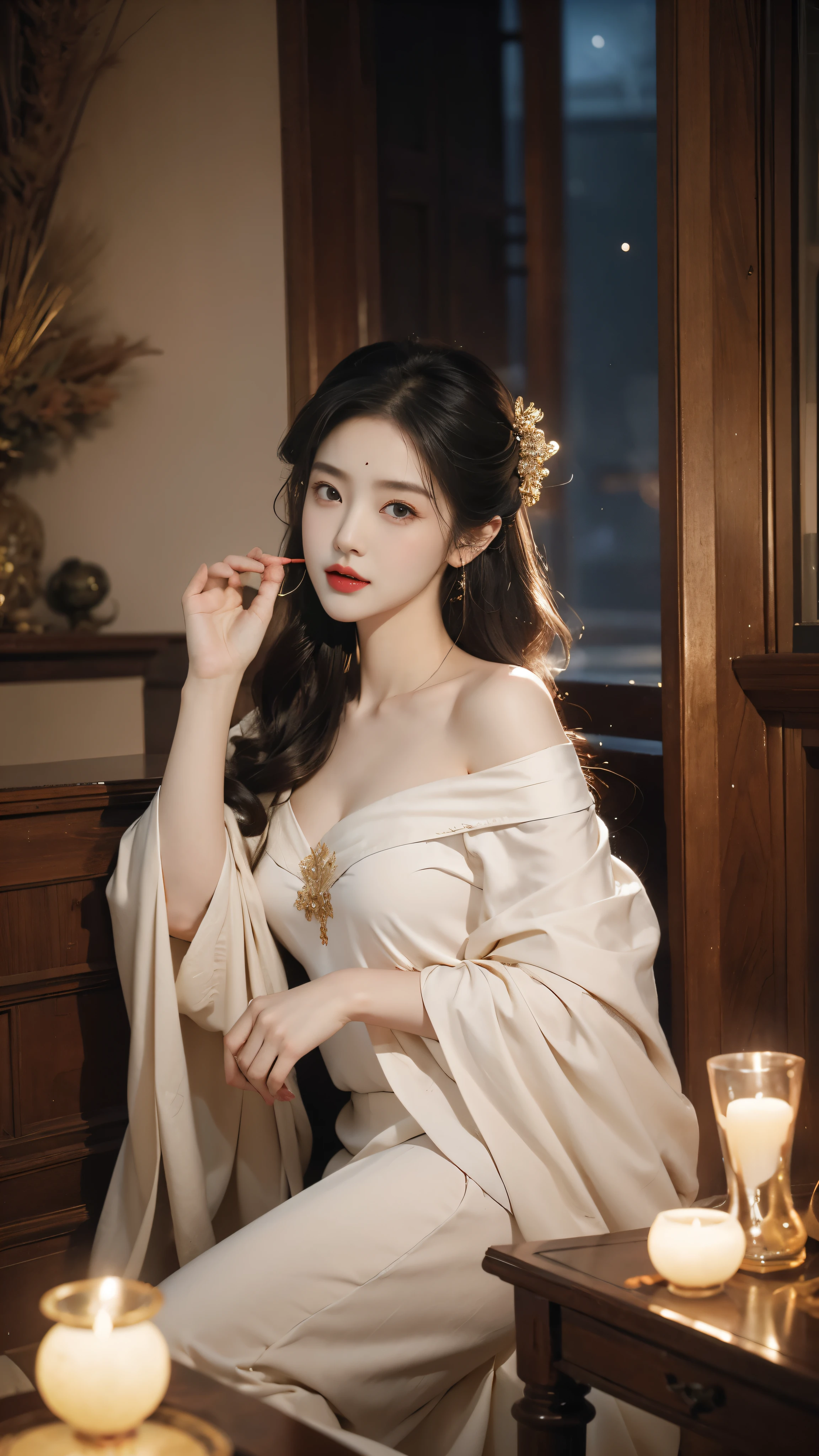  (masterpiece, best quality:1.2), 1 Girl, Solitary, ((Off-shoulder clothes)), ((night)), lantern, Candlelight, Deep in Wonderland，Moonlight falls like water，Foggy Room，The heroine&#39;s figure is vaguely visible，Like a fairy in a painting，Slender sexy legs，Very beautiful legs，Leaking sexy legs，Large Breasts，美丽而又带着一丝mystery的色彩。Her face is beautiful and delicate，Like a finely carved jade，Showing extraordinary beauty。The eyebrows are so pretty，The waves in my eyes are like twinkling stars，Show the light of perseverance and wisdom。The bridge of the nose is straight，Cherry lip color，The slightly upturned corners of the mouth reveal confidence and calmness。Her face is chiseled，Skin like jade，Reveal healthy glow，Just like fairies, She never eats worldly fireworks。Her makeup is light and delicate，No excessive embellishment，But it is enough to show her temperament and charm。Light foundation highlights the translucence of the skin，A light eyebrow pencil outlines her perfect eyebrow shape，Eye makeup is eye shadow and eyeliner，Make her eyes brighter、Energetic。嘴唇涂上grace的口红，Add a touch of charm and sophistication。她的衣服grace别致，Clothes fluttering，As if the wind will blow it up at any time，Drifting away。既不失grace，She also showed her extraordinary ball skills。Swaying with her movements。Her hair was tied back casually.，Secure with a jade hairpin，A few strands of hair fluttering gently in the wind，Add a touch of softness。Her figure looms in the fairyland，宛如一道Large Breasts美丽的风景线，Attracted everyone&#39;s concern。She seems like a fairy in wonderland，Large Breasts美丽、grace、mystery、Full of power。