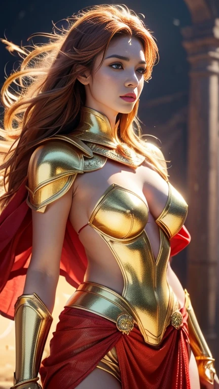 hyperrealistic beautiful female goddess warrior in golden armor outline adorning, red cover shawl, stunning pose, high octane, 4k render, lion patterns on armor  body( colored face skin),embossing , full body shot , upper body and stunning pose, studio light, subtle ancient Troy city background, incredibly detail.,photorealistic, cinematic light, ultra sharp ,8k