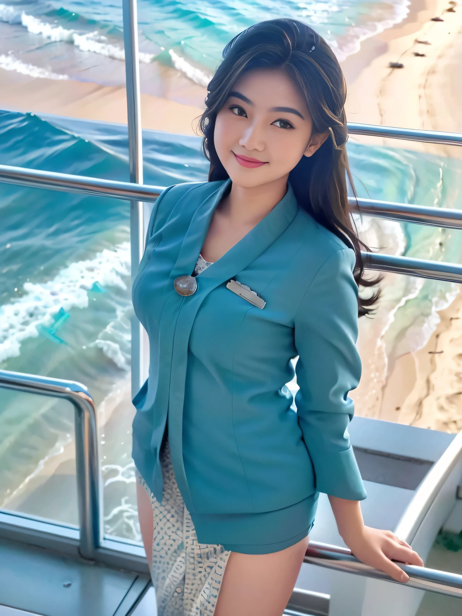 1girl, solo, standing, at the beach,  beautifully ocean scenery, cute little smirk, detailed eyes, thick medium breasts, smooth realistic skin, wearing flight attendant uniform, looking at the audience, (Overhead shot:1.3), (zoom out:1.4), (8k, RAW photo, best quality, masterpiece: 1.2), (realistic, realistic: 1.37), ultra-high resolution