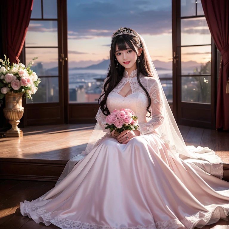 best quality, Delicate face，beautiful visual work, lifelike, eternity, black hair, Long curly hair, blunt bangs, Smile, Detailed Background, Delicate face，pink blush，cold，((masterpiece))、(top quality)、8k、high detail、Super detailed，31 years old female，Seductive and whimsical style、masterpiece、born、Scenes resembling fairy tale illustrations、Intricate details and complex designs、Beautifully、magic、capricious、 Beautifully、Dream aesthetics、「𝓡𝓸𝓶𝓪𝓷𝓽𝓲𝓬、ethereal、charming、fickle、magic」、Realism、Visual effects、FXAA、SSAO、Shaders、voiceless、ambient lighting、Tone mapping、High resolution、Ultra high quality、Million pixels、(8K resolution:1.10)、8k、Below 8K、8K resolution、high detail、intricate details， (high quality:1.2、masterpiece:1.2、:1.21)、(31 years old female:1.21)、(Smile excitedly)、(Surrounded by the dreamy atmosphere、Model diagram，full-body shot，Normal 2 feet，Don't show your fingers，wearing pink princess wedding dress, Don’t show your feet, big skirts, princess dress, wedding princess dress, ball gown wedding dress, bride, bridal veil,in the church，Holding flowers in both hands， long skirt, long sleeves,a bride, skirt covers feet, H CUP, Large Breasts