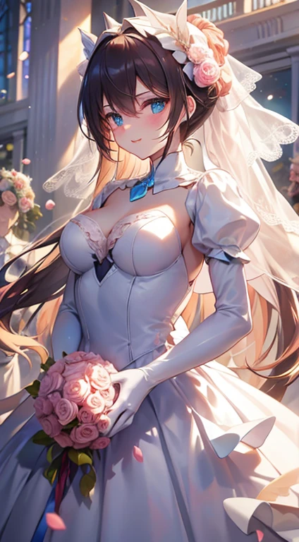 wedding gown,auditorium,Flying white doves,Holding roses in hand,divino