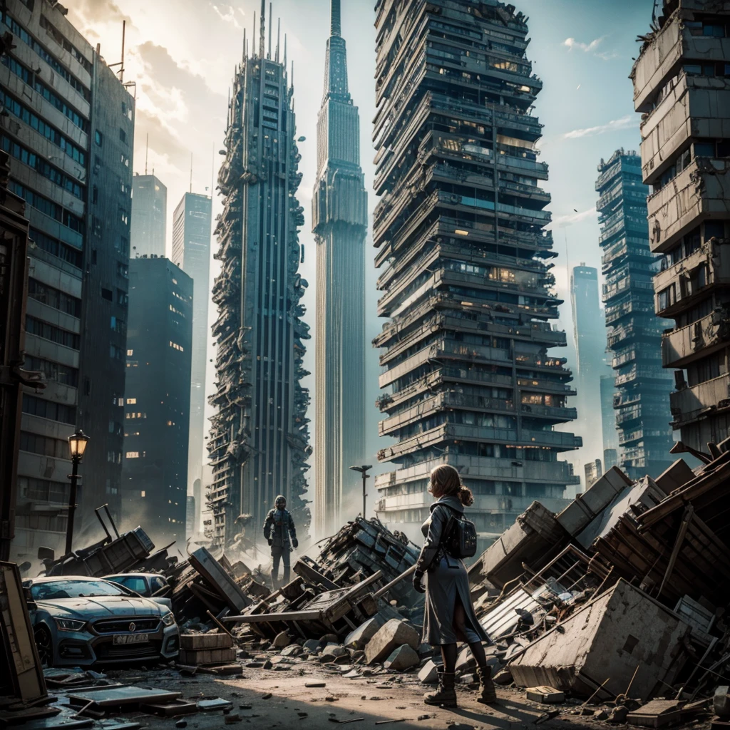 a woman scientist analyzes a pile of rubble in a futuristic and dystopian city, strange small mutant creatures can be seen among the rubble