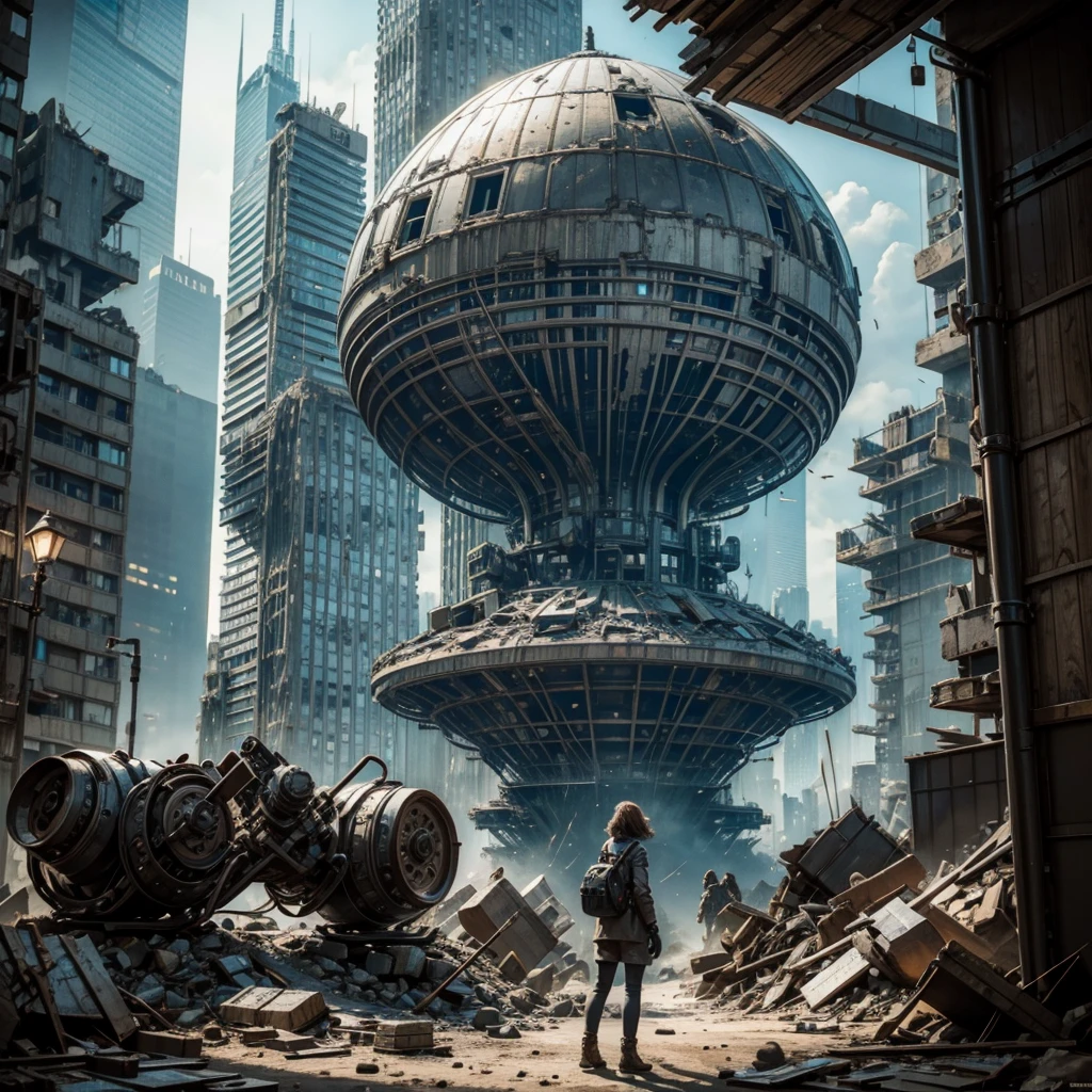 a woman scientist analyzes a pile of rubble in a futuristic and dystopian city, strange small mutant creatures can be seen among the rubble
