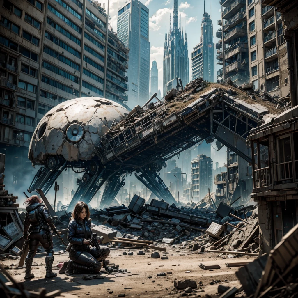 a woman scientist analyzes a pile of rubble in a futuristic and dystopian city, strange small mutant creatures can be seen among the rubble