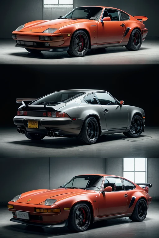 Generate an extremely realistic IMAGE of a RESTOMOD with All Angles of a Porsche 944 (正面, Rearend, and sides.) And the inside of the car, Mixing classic visual components, but modernizing and bringing the best of both worlds, in terms of technology, good taste and sophistication. (Modifying lanterns, benches, and visual aspects of the car, but in a way that only improves the old appearance, and make it more beautiful, and unique, different from everything, such as interior parts of the car with wood finishes, and exterior parts with LED lighting and other modern aspects and features of newer Porsches.  (Including retractable headlights.) 
