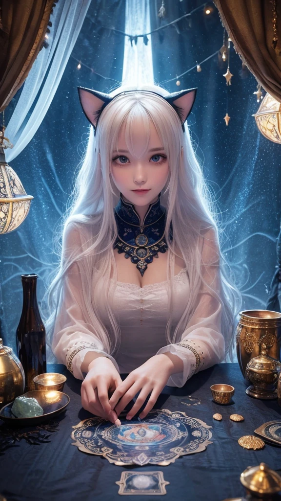 (masterpiece, highest quality, highest quality, official art, beautiful and aesthetic: 1.2), (one girl: 1.3), wavy long hair, white hair, Cat ears on the head,highly detailed portrait, highly detailed hands, looking at the viewer, alone, (whole body: 0.6), detailed background, close, shining eyes, (cold arctic winter theme: 1.1), fortune teller, Charlatan, grin, Mysterious, sitting at the table, カラフルな肩のないゆるいジプシーfortune tellerの服, holy grail, tarot cards, Crystal jade, Medieval (inner tent: 1.1) background, tent curtain on background, dark Mysterious lighting, Shadow, magical atmosphere, starry night, dutch angle, healing and guidance, transcendental beauty, fractal art, Seaweed,
