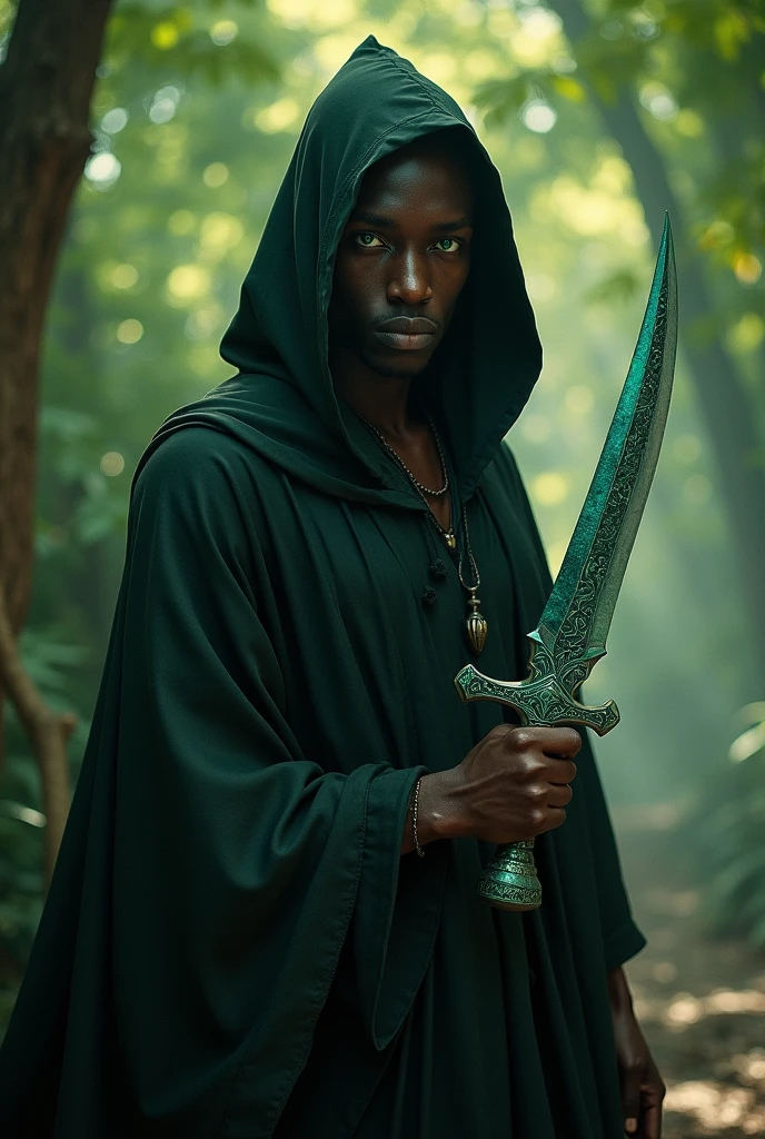 Elf man assassin with a small dagger in his hands african wind element