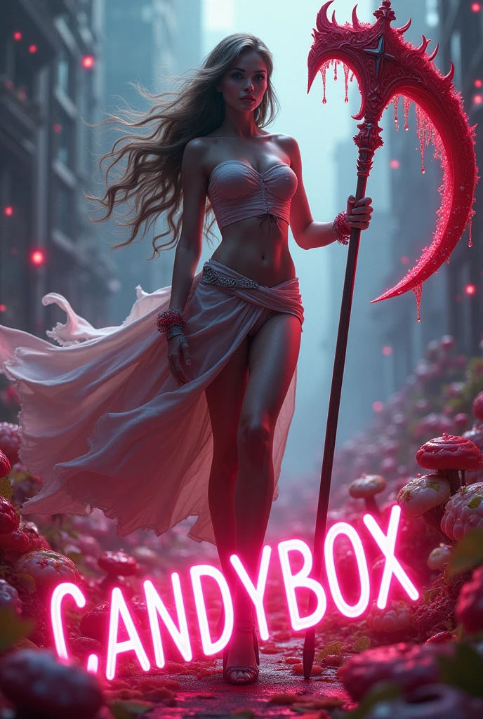 The words "CANDYBOX" written in large letters at the bottom of the screen, ((masterpiece, highest quality, Highest image quality, High resolution, photorealistic, Raw photo, 8K)), ((Extremely detailed CG unified 8k wallpaper)), (huge stunning goddess shot, very hot and sexy, jaw-dropping beauty, perfect proportions, beautiful body, slim body beauty:1.4), A girl wielding a huge scythe, movie poster, (a huge scythe:1.5),