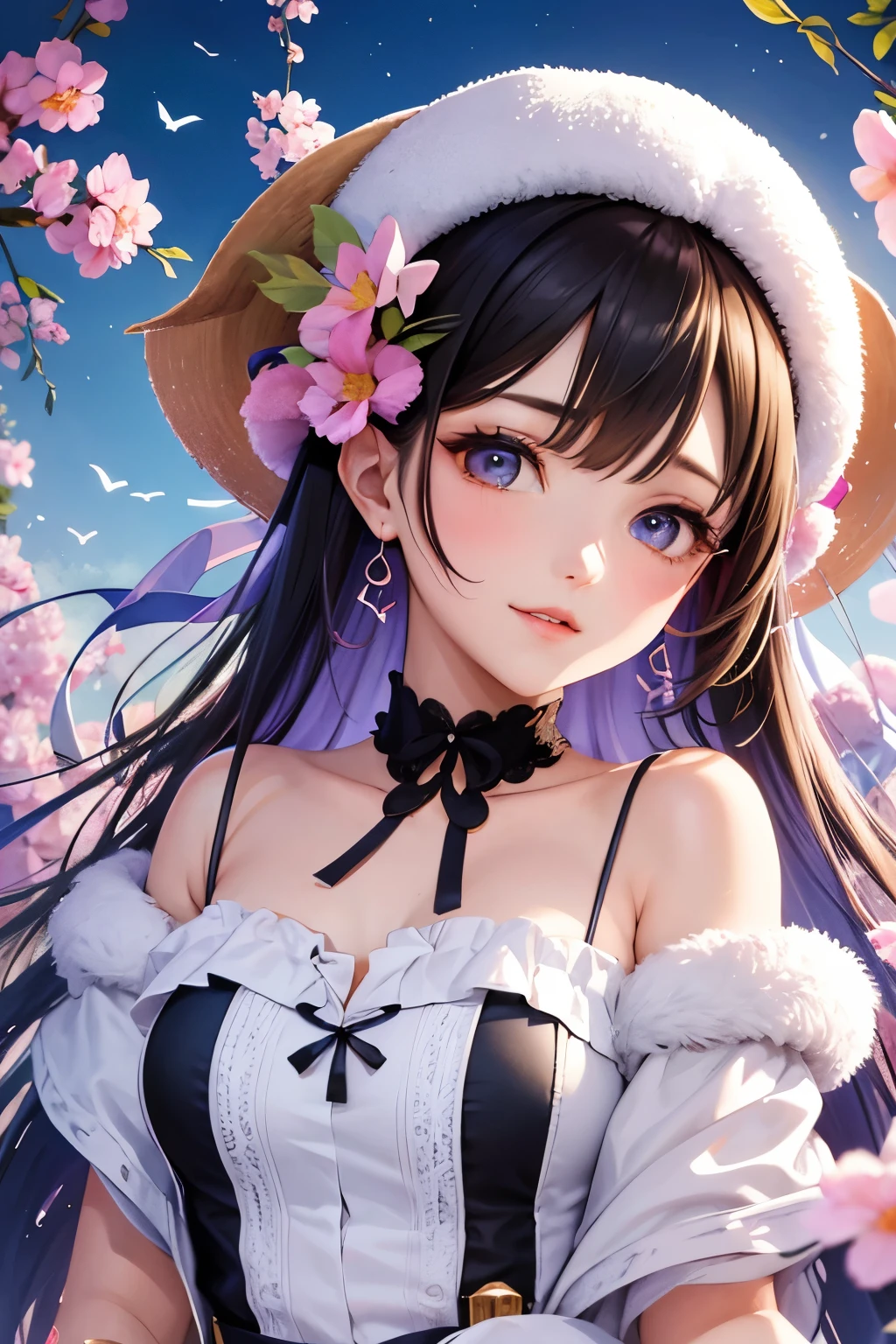 A cute and beautiful girl in a sheep costume with a heart-shaped choker, in a beautiful flower field