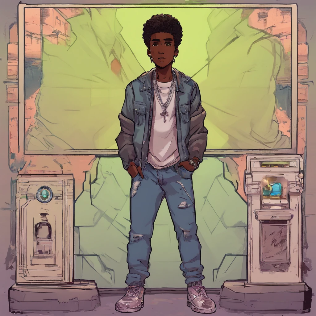 1boy, african ethnicity, 15 years old, medium height, slender but muscular build, strong facial features, high cheekbones, firm jawline, large expressive brown eyes with a mix of sadness and determination, thick straight eyebrows, short curly well-groomed hair with low fade, fine scar across right eyebrow, simple and comfortable dark-colored clothing, silver necklace with small cross pendant hidden under shirt, (best quality,4k,8k,highres,masterpiece:1.2),ultra-detailed,(realistic,photorealistic,photo-realistic:1.37),chiaroscuro lighting,cinematic,dramatic portrait
