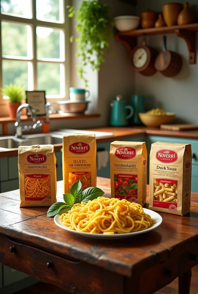 chat faca 5 fotos de diferentes Products com a logo noverri pastas, Products: 1. Spaghetti 2 Capellini 3 Penne 4 Delicacies 5 Fettucine