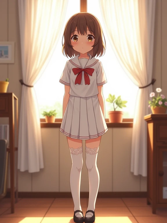 anime gitl、1girl in、Front-facing、Composition from below、Full body portrait、brown haired、Medium haircut、red blush、Absolute Area、knee sox、knee high、stockings、panthyhose、lacepantyhose、White underwear、No shoes、White pleated skirt、student clothes、Japan High School Student Uniform、summer clothing、inside the house、during daytime、（small tits）、((full bodyesbian))、​masterpiece、（top-quality）、1girl in、Front-facing、Composition from below、Full body portrait、brown haired、Medium haircut、red blush、Absolute Area、knee sox、knee high、stockings、panthyhose、lacepantyhose、White underwear、No shoes、White pleated skirt、student clothes、Japan High School Student Uniform、summer clothing、inside the house、during daytime、（small tits）、((full bodyesbian))、​masterpiece、（top-quality）、not panties