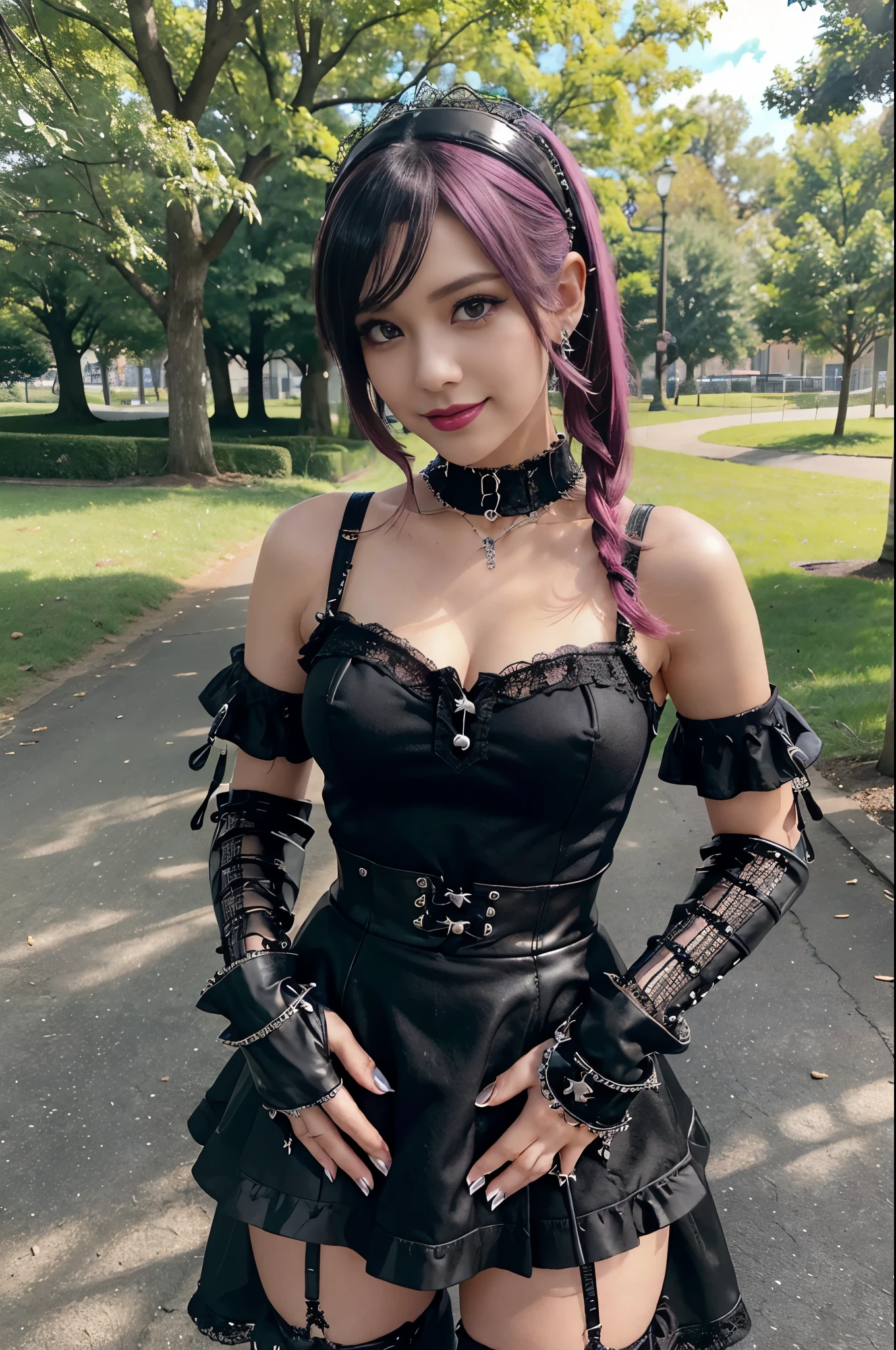 sexy stylish female model, only 1 female, ((doll-like appearance)), long stylish hair, ((shiny Punk-Style boots)), (happy smile), ultra detailed eyes, long lashes, metallic makeup, lip-gloss, ((sexy Punk ta cosplay)), unconventional skirt, petticoats, high neckline, ((ultra detailed lace)), ((ultra detailed embroidery)), intricate details, tartan patterns, safety pins, Punk Loliccessoires, short black gloves, Punk Lolita cr, ((large sparkling Punk Lolita jewel, cinematic light, detailed sunny large park background with trees