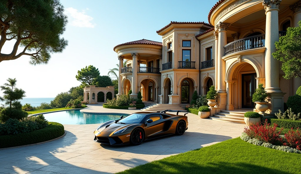 luxury mansion with a luxuary car parked in front of it, green yard with trees, behind sea, luxury pool, luxury lifestyle, luxurious environment, luxury architecture, rich, huge mansion, rich style, luxury and elite, extremely opulent, luxurious, hyper luxurious, majestic masterpiece, wealthy, luxury, stunning grand architecture, exquisite masterpiece, flaunting his wealth, inside a grand, architectural masterpiece