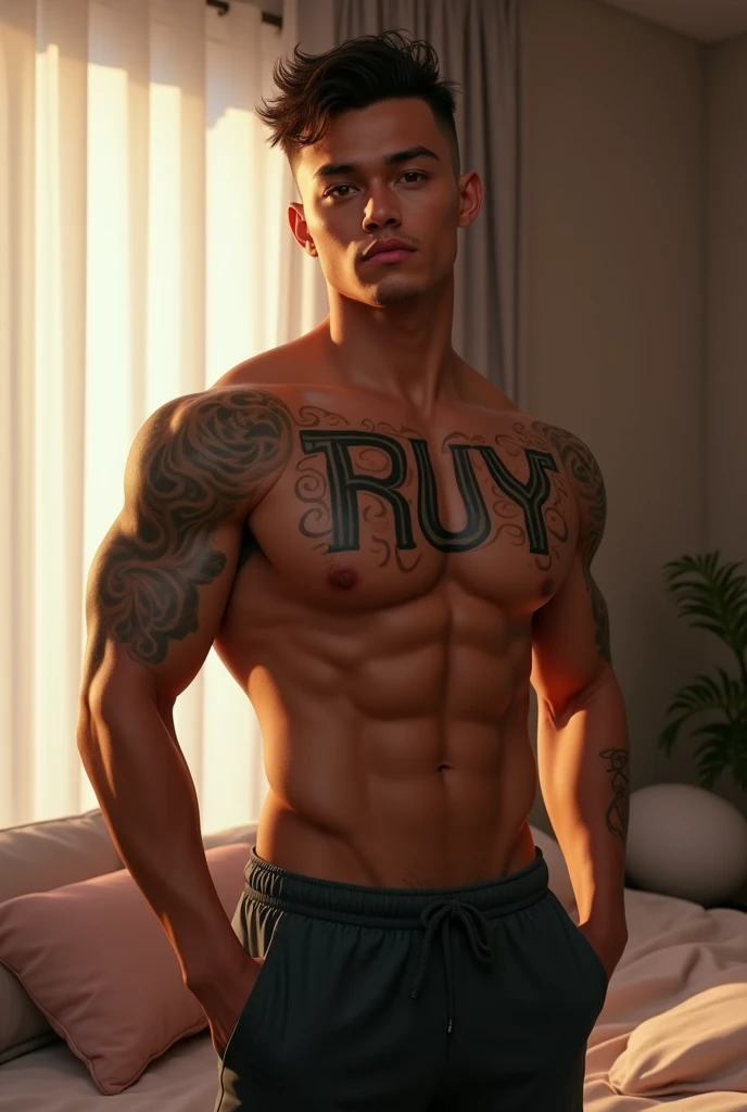 a young muscular man AI high quality tattoo with name ruy tanned skin piercing gaze pink mouth with realistic bedroom background