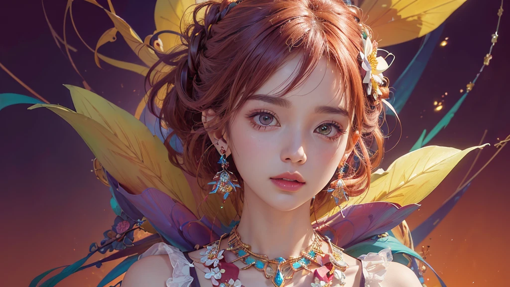 32K, 最高quality, 最高masterpiece, (ultra-Detailed Background, Detailed Background), High resolution, Super detailed, Very detailedな, 1 personの, (bouquet:1.3), (Tangled:1.2), (Geometric:1.2),(colorful),(masterpiece, quality, best quality, Official Art, Beautiful and beautiful:1.2), (1 person:1.3), Very detailed,(colorful:1.1)(Flowers:1.3),Most detailed,(Tangled:1.2), whole body, (Abstract background:1.3), (Skin glows), (Many colors:1.4), ,(Earrings Jewelry:1.5), Pale Red Background, It's imaginative., Milk tea colored hair, Updo,